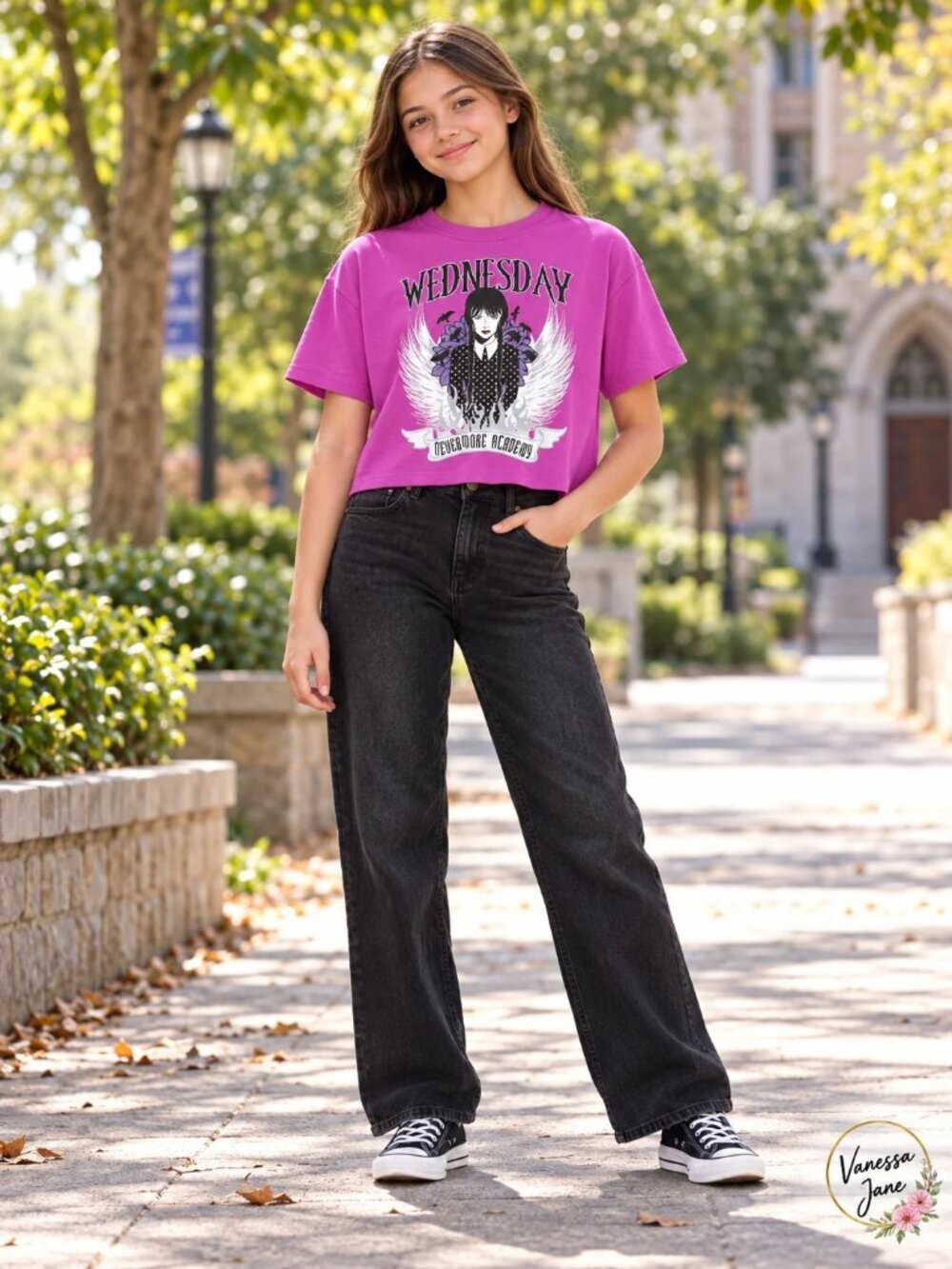 Old Navy Girls Wednesday Nevermore Purple Cropped T-Shirt, Size 14–16